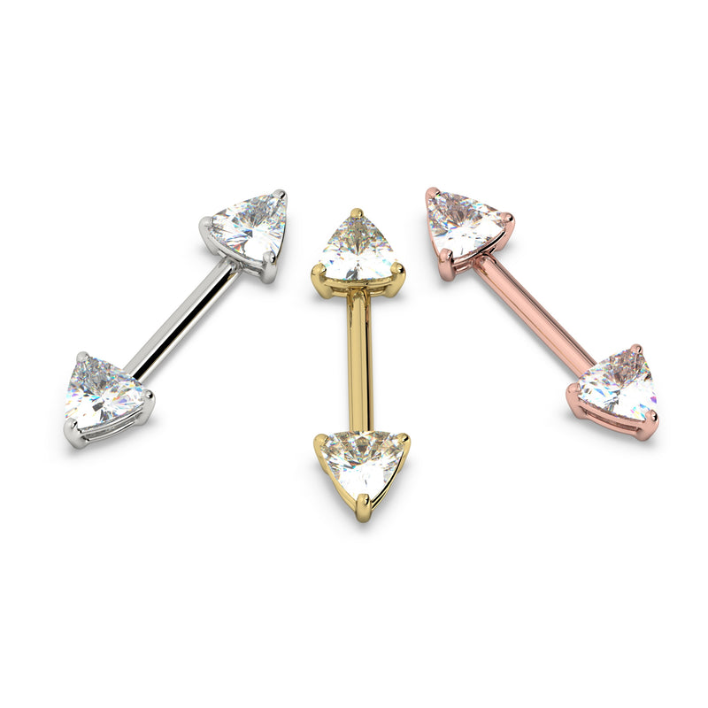 Trillion diamond nipple barbell in all three metal options: 14k white gold, yellow gold, and rose gold