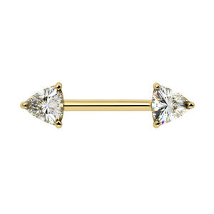 14k yellow gold nipple barbell with dual trillion-cut diamonds in prong settings, front view