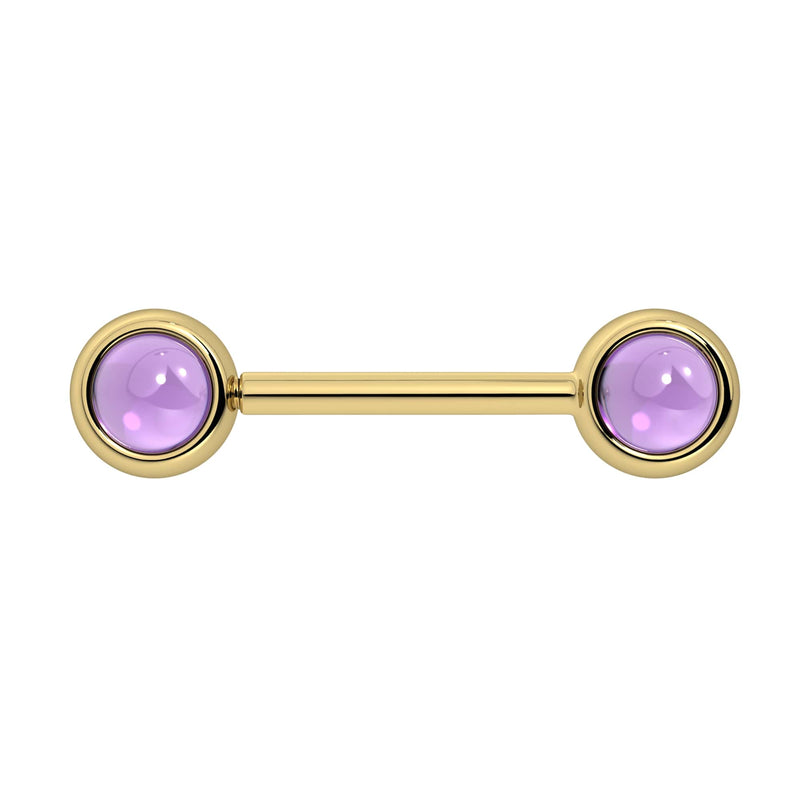 14k yellow gold nipple barbell with dual 5mm amethyst cabochon bezel ends, purple stone detail