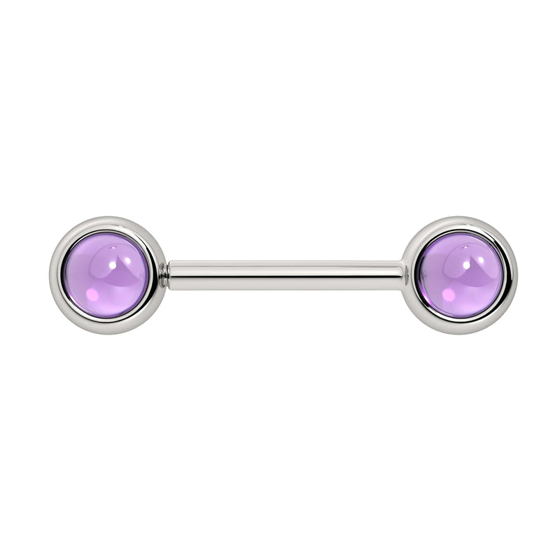 14k white gold nipple barbell with dual 5mm amethyst cabochon bezel ends, lavender purple stones