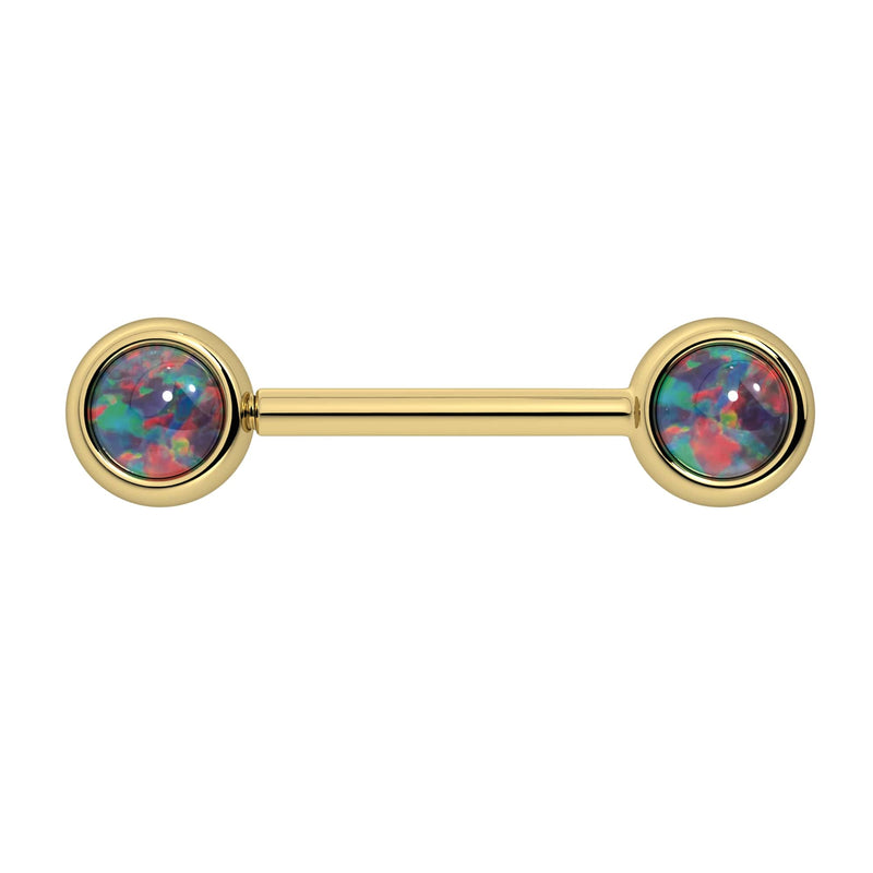 14k yellow gold nipple barbell with dual 5mm black opal cabochon bezel settings, front view