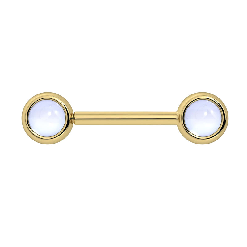 14k yellow gold nipple barbell featuring 5mm moonstone cabochon bezel settings, soft blue glow