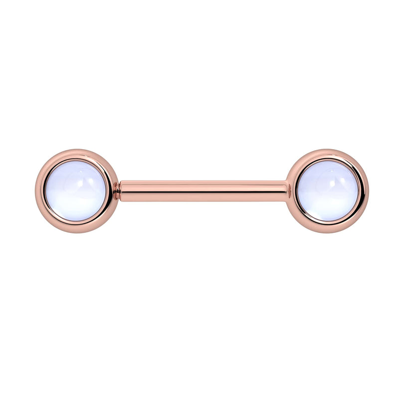 14k rose gold nipple barbell with dual 5mm moonstone cabochon bezel ends, soft iridescent stones