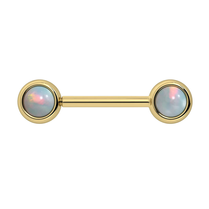 14k yellow gold nipple barbell with dual 5mm white opal cabochon bezel ends, front view