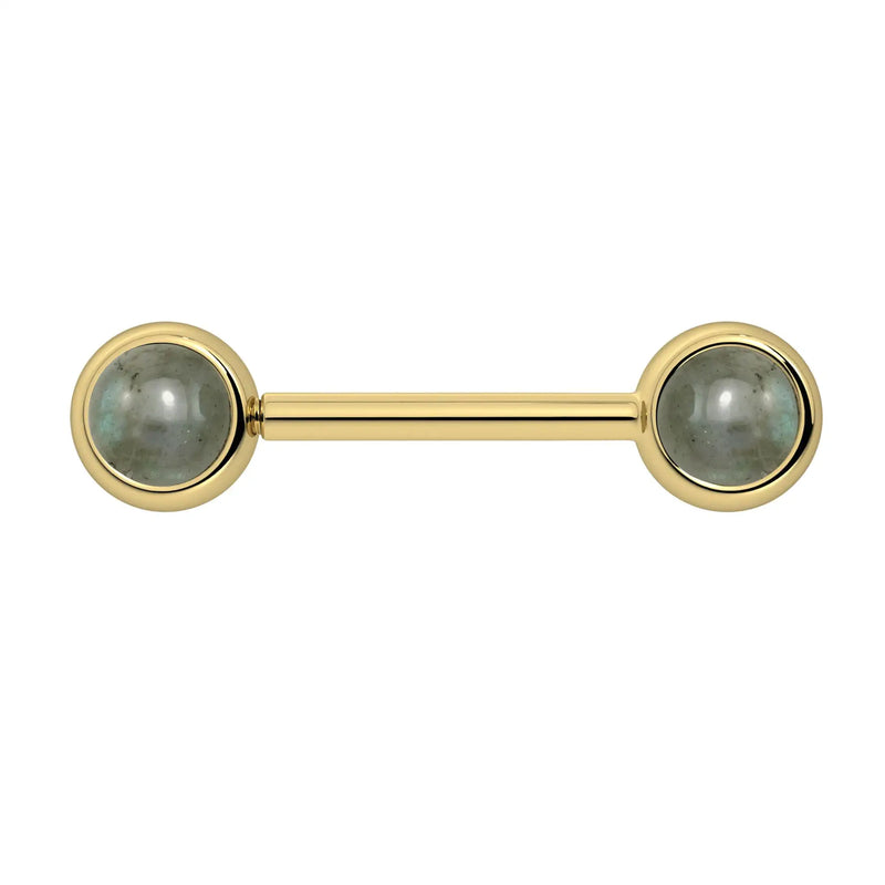 14k yellow gold nipple barbell with dual 5mm labradorite cabochon bezel ends, grey-green stone