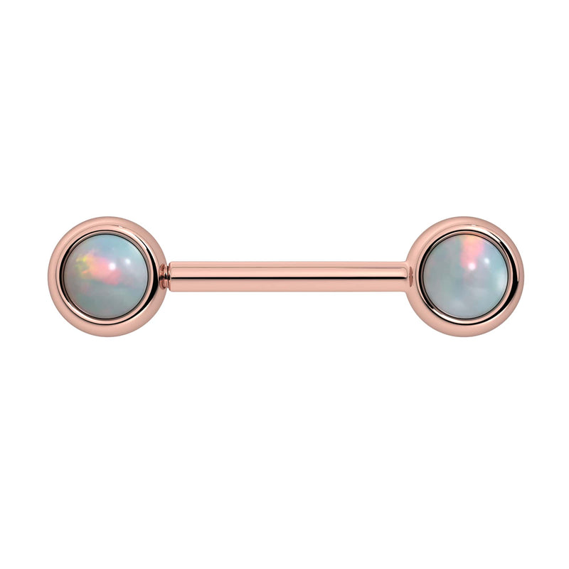 14k rose gold nipple barbell with dual 5mm opal cabochon bezel ends, warm pink gold finish
