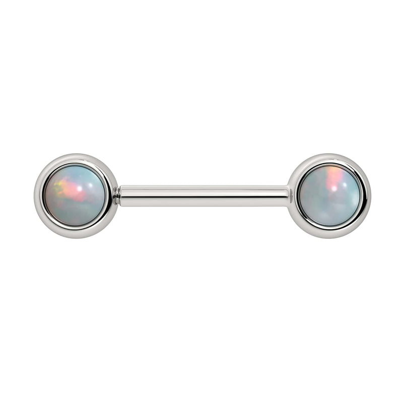 14k white gold nipple barbell with dual 5mm opal cabochon bezel ends, polished silver tone