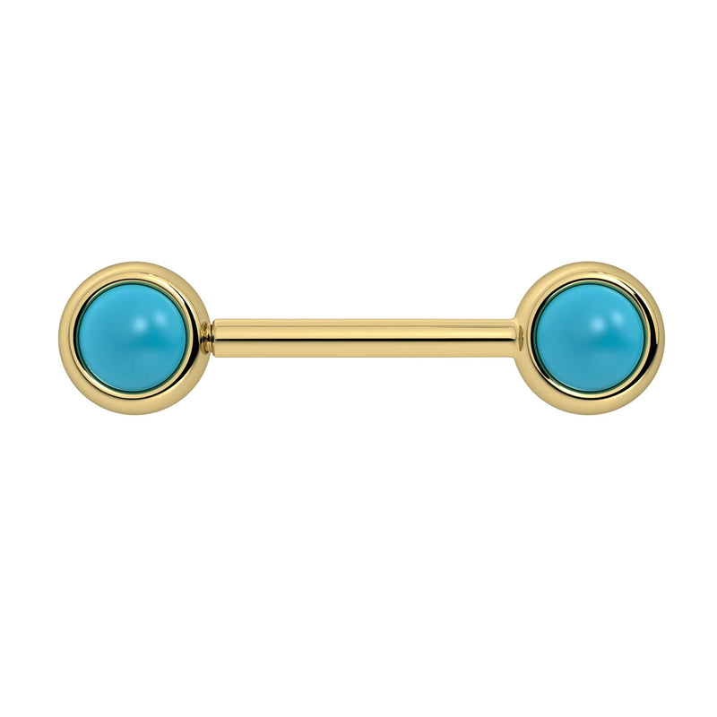 14k yellow gold nipple barbell with vibrant 5mm turquoise cabochon bezel ends, front view