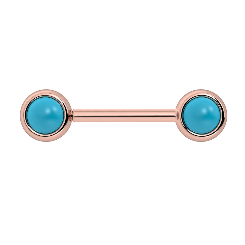 14k rose gold nipple barbell with dual 5mm turquoise cabochon bezel ends, front view