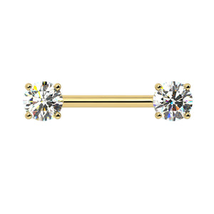 14k yellow gold diamond nipple barbell with dual 5mm round prong-set diamonds, front view