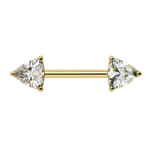 14k yellow gold nipple barbell with dual GIA trillion-cut diamonds in prong settings, front view