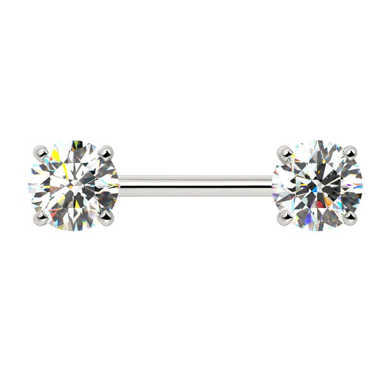 14k white gold diamond nipple barbell with two round brilliant diamonds in 4-prong settings, front view