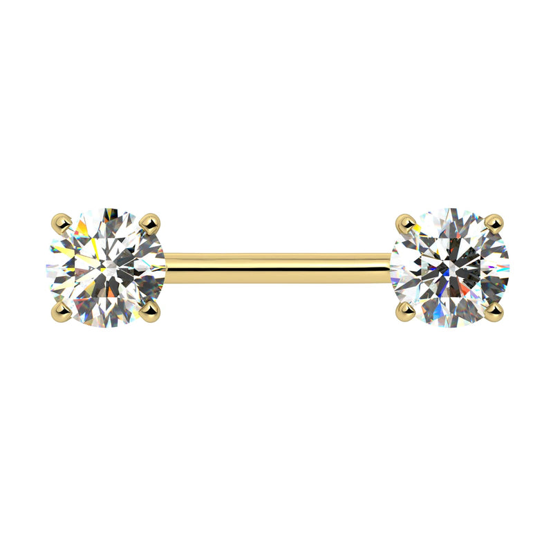 14k yellow gold diamond nipple barbell with dual 6mm round brilliant diamonds in four-prong settings, front view