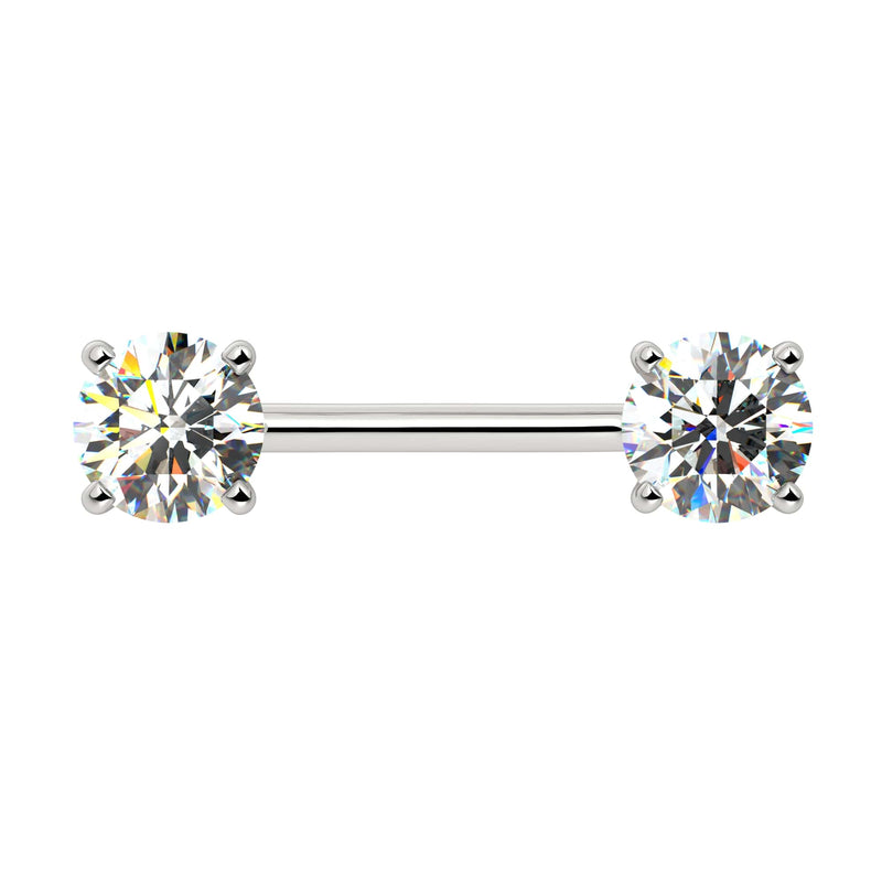 14k white gold diamond nipple barbell with dual 6mm round brilliant diamonds in four-prong settings, front view