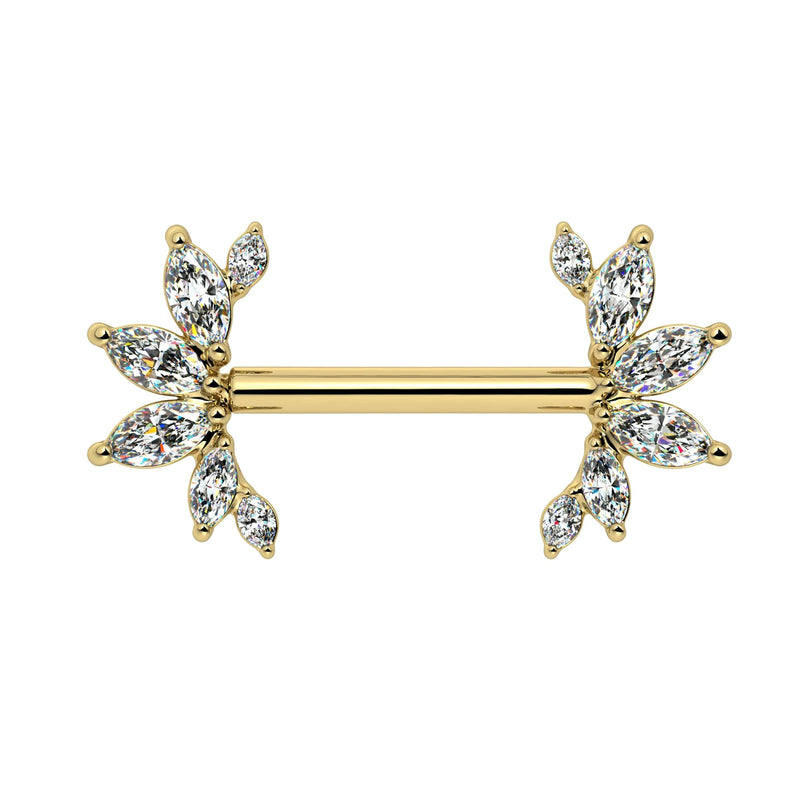 14k yellow gold angel wing nipple barbell with marquise CZ stones, front view
