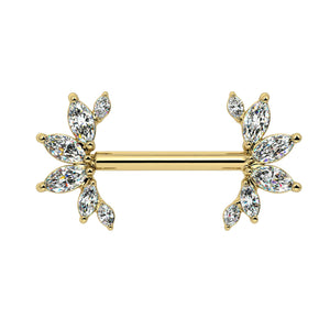 14k yellow gold angel wing nipple barbell with marquise CZ stones, front view