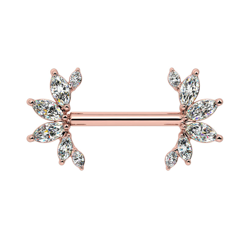 14k rose gold angel wing nipple barbell with sparkling marquise CZ settings, front view