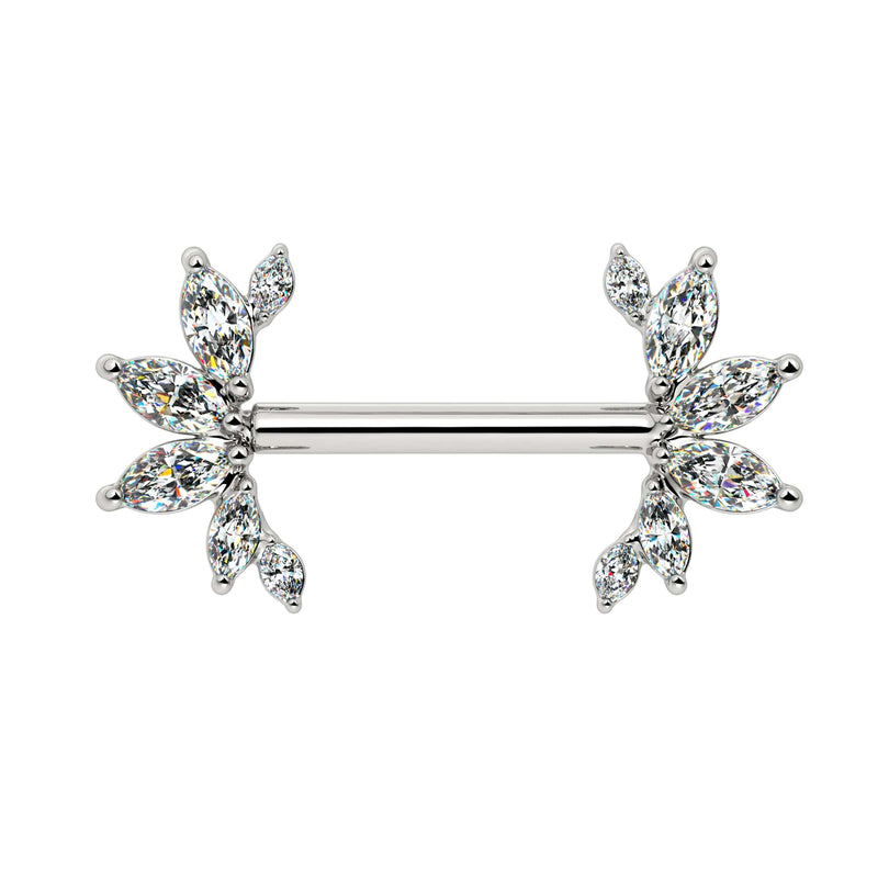 14k white gold angel wing nipple barbell with marquise CZ wing ends, front view