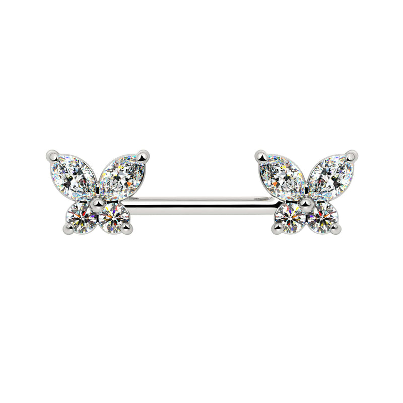 14k white gold butterfly nipple barbell with sparkling CZ butterfly ends, front view