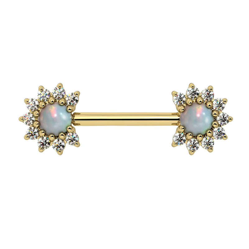 14k yellow gold nipple barbell with white opal cabochon centers and diamond halo ends, front view