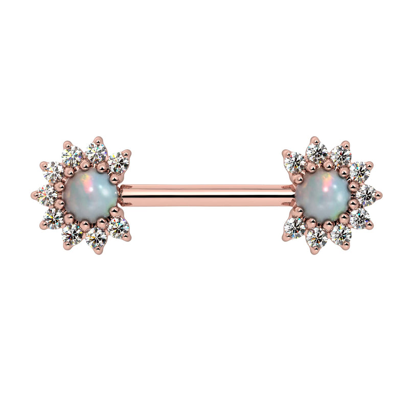 14k rose gold nipple barbell with white opal cabochon centers and diamond halo ends, front view
