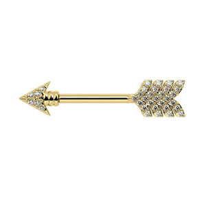 14k yellow gold diamond pavé arrow nipple barbell, front view showing feather and arrowhead ends