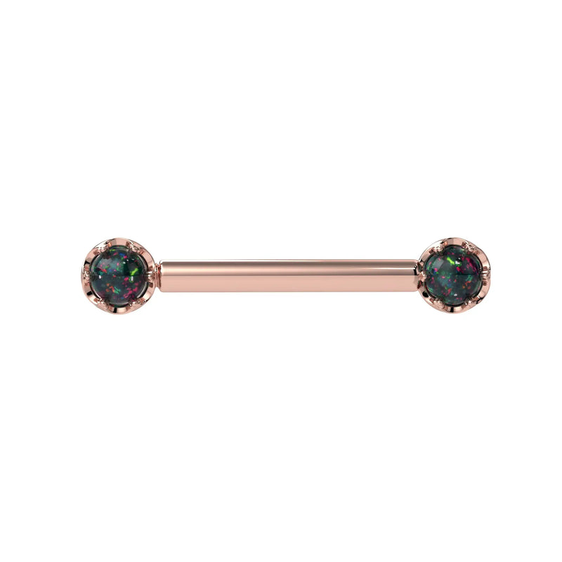 Reina Black Opal Nipple Barbell in 14K Rose Gold with crown-set Black Opal - for nipple piercings