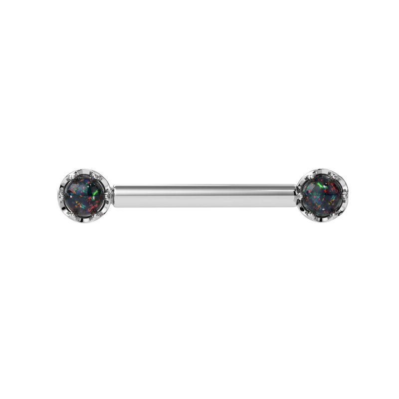 Reina Black Opal Nipple Barbell in 14K White Gold with crown-set Black Opal - for nipple piercings
