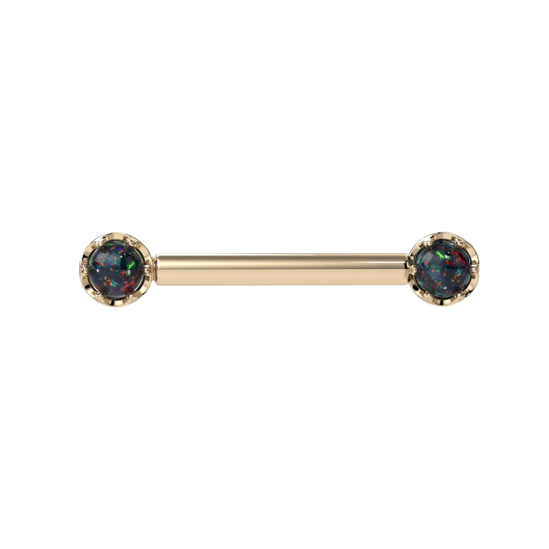 Reina Black Opal Nipple Barbell in 14K Yellow Gold with crown-set Black Opal - for nipple piercings