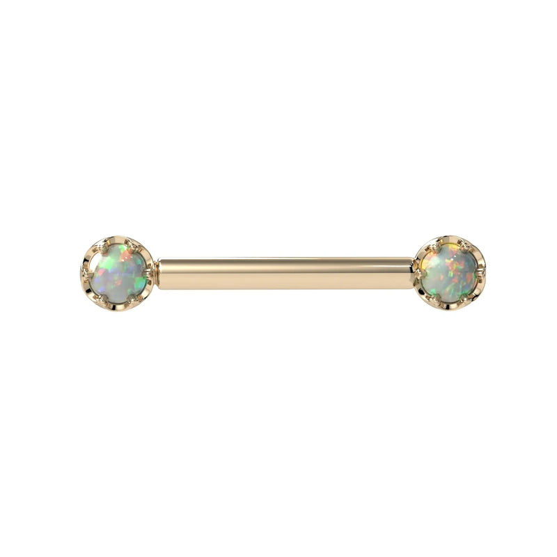Reina Ethiopian Opal Nipple Barbell in 14K Yellow Gold with crown-set Ethiopian Opal - for nipple piercings