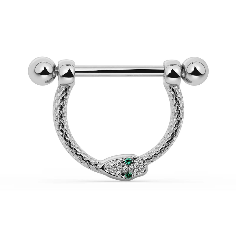 14K White Gold Large Diamond & Emerald Serpent Stirrup Nipple Ring