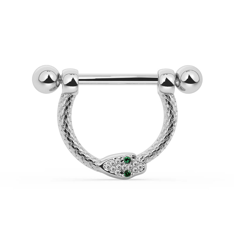 14K White Gold Medium Diamond & Emerald Serpent Stirrup Nipple Ring