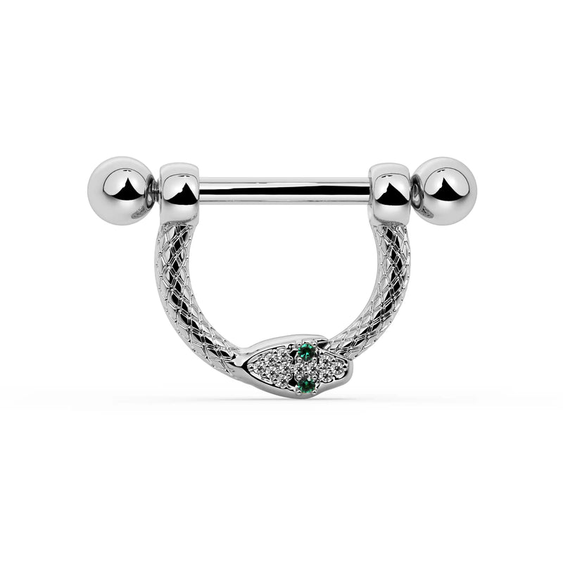 14K White Gold Small Diamond & Emerald Serpent Stirrup Nipple Ring