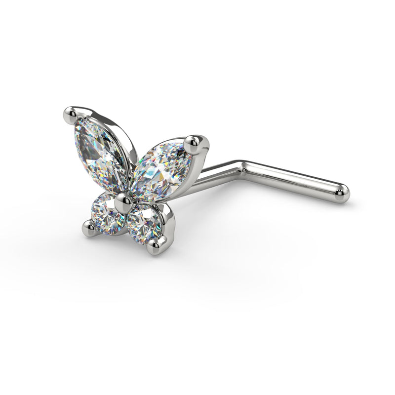 14k white gold diamond butterfly nose ring with L-post backing, angled side view