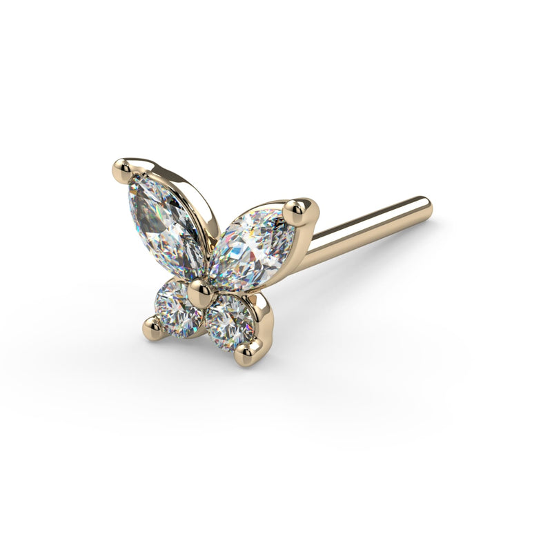 14k yellow gold diamond butterfly nose ring with L-post style, angled view showing post length
