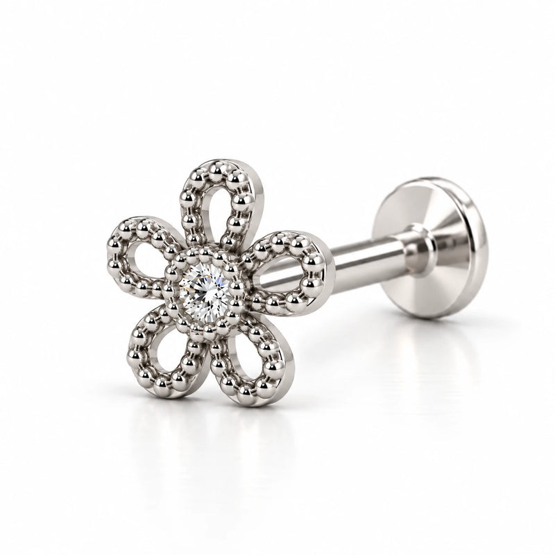 Diamond Daisy Nose Ring in 14k white gold — flat back style