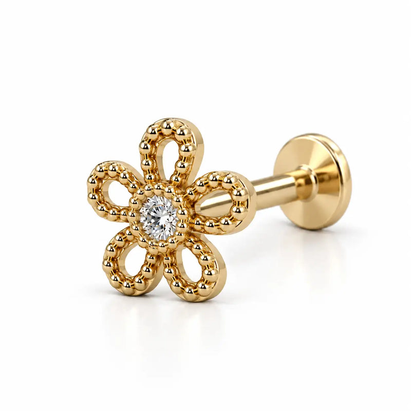 Diamond Daisy Nose Ring in 14k yellow gold — flat back style