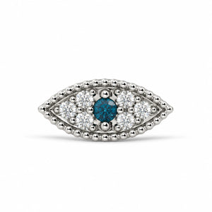 Evil Eye Diamond Nose Ring in 14k white gold — blue sapphire eye ringed with diamonds, front view of the charm