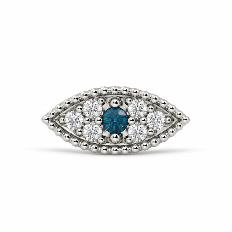 Evil Eye Diamond Nose Ring in 14k white gold — blue sapphire eye ringed with diamonds, front view of the charm