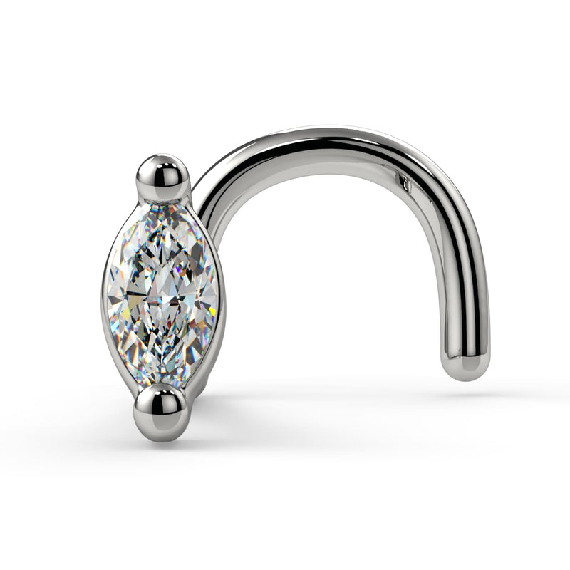 14k white gold marquise diamond twist nose ring, front-facing studio view showing full twist post