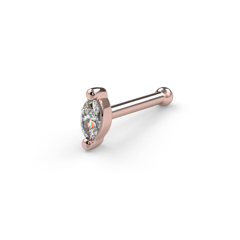 14k rose gold marquise diamond nose bone style, angled view showing straight post with ball end