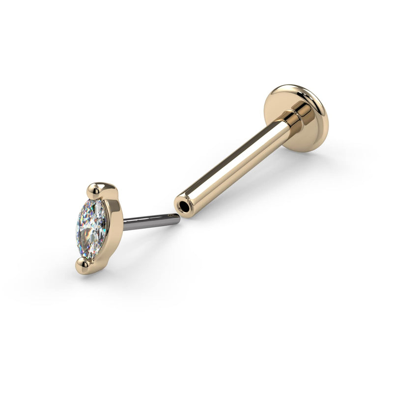 14k yellow gold marquise diamond flat back stud disassembled, showing threadless end separated from labret post