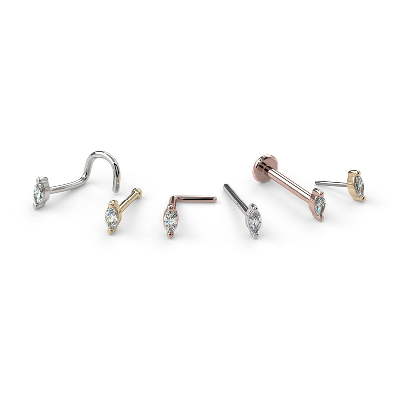 All backing styles for marquise diamond nose ring shown: twist, bone, L-post, flatback, and pushpin ends