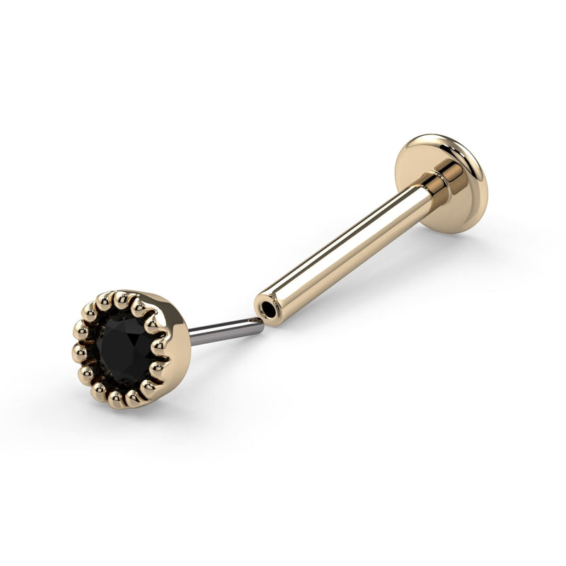 14k yellow gold black diamond perlage flat back stud separated, showing threadless push-pin mechanism