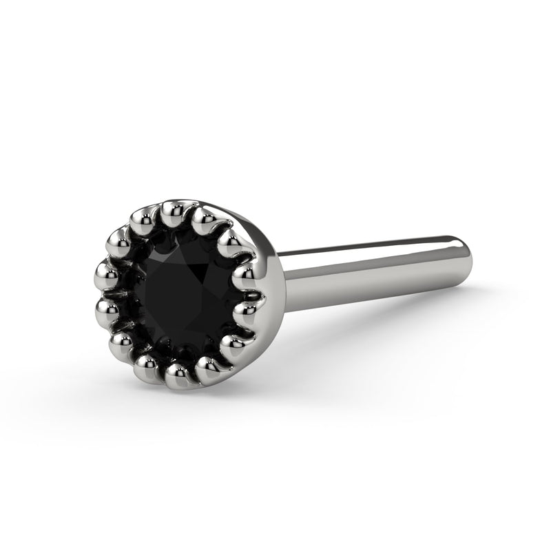 14k white gold black diamond perlage nose bone, side profile highlighting milgrain bezel detail