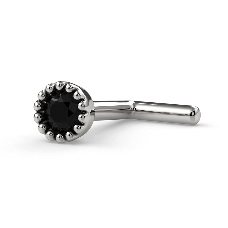 14k white gold black diamond nose ring L-post style, side view showing angled post tip