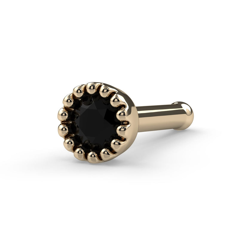 14k yellow gold 2mm black diamond nose bone style, angled view showing ball tip and setting