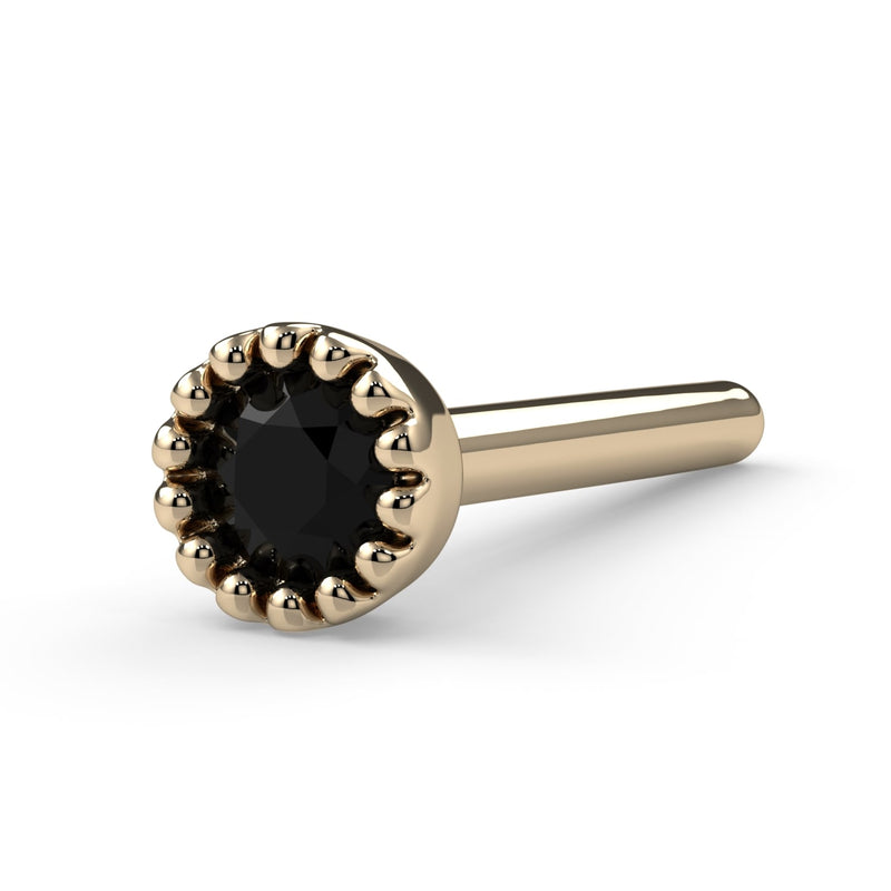 14k yellow gold black diamond perlage nose bone, side profile highlighting milgrain bezel detail