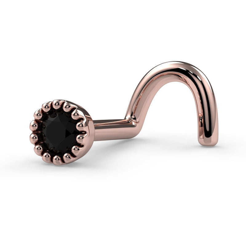 14k rose gold black diamond perlage nose ring twist style, angled view with full screw post visible