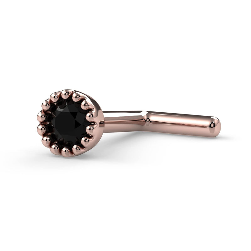 14k rose gold black diamond nose ring L-post style, side view showing angled post tip